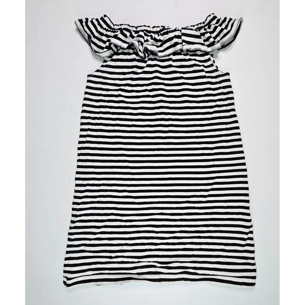 Kate Spade Stripe Off‎ the Shoulder Dress Women L Black White Ruffle Cotton H317